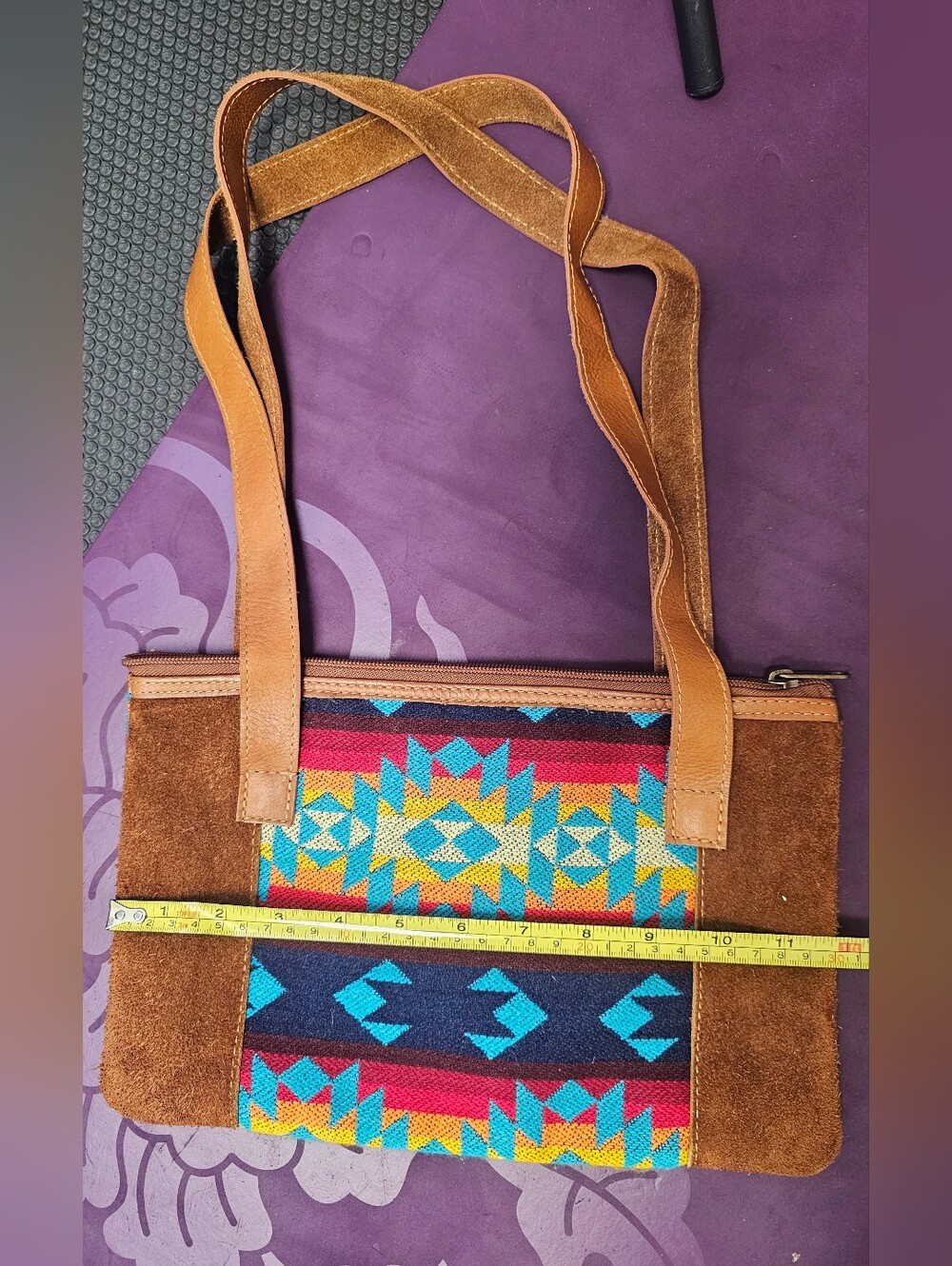 Vintage Southwestern Woven Knit Tote Bag Suede Trim Boho Festival